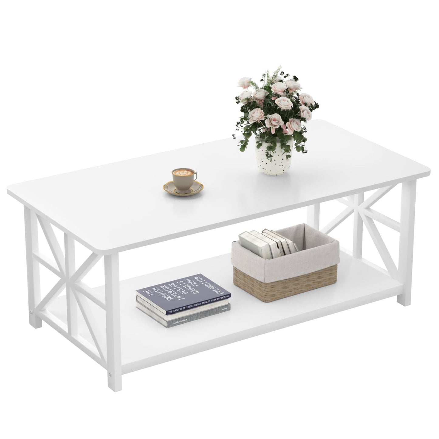 Farmhouse Coffee Table with Round Corners, Storage Shelf & Metal Frame, Gray Wash, 39"