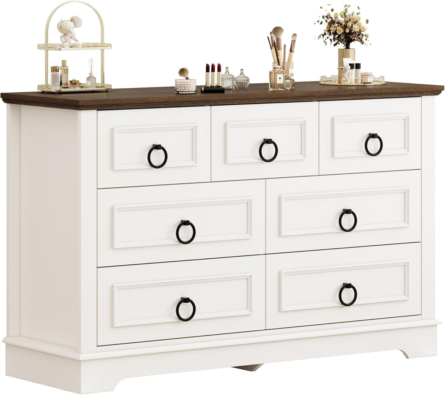 Farmhouse 7-Drawer Dresser – Rustic White Wood Chest for Bedroom, Hallway, or Entryway