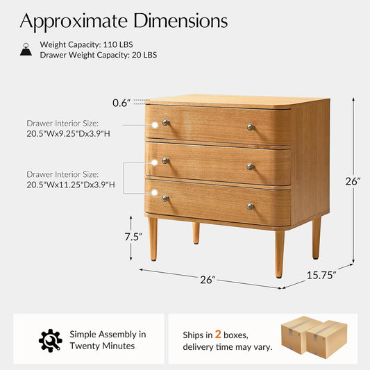 Modern Nightstand Set of 2 with Charging Station – 3-Drawer Wood Bedside Tables with Solid Wood Legs & Adjustable Feet, Curved Design, Oak Finish