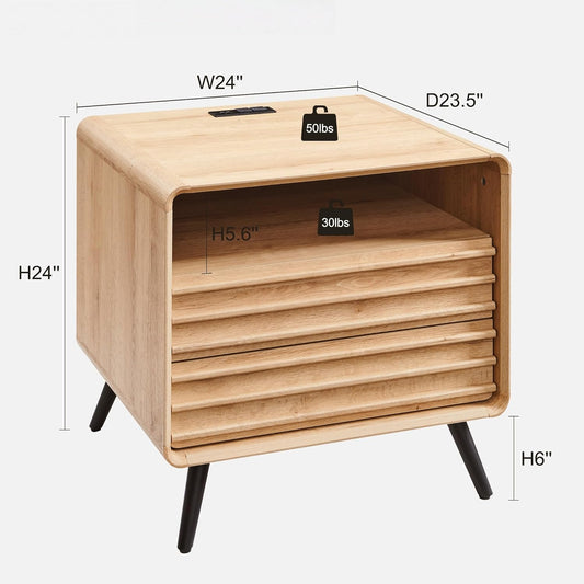T4TREAM Fluted Nightstand with Charging Station,24" Modern Side Table with 2 Drawers, Mid Century End Table w/Storage, Bedside Table for Bedroom, Living Room, Curved Profile Design, Natural Oak