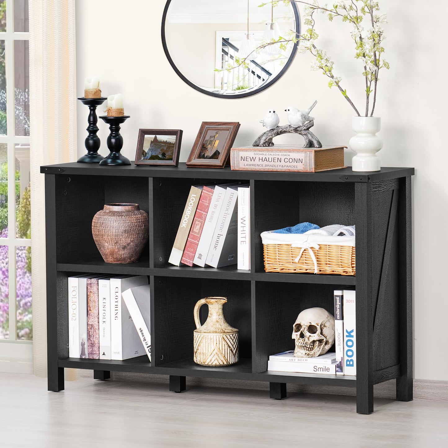6-Cube Farmhouse Wood Low Storage Organizer – 47" Horizontal Navy Console Bookshelf with Legs