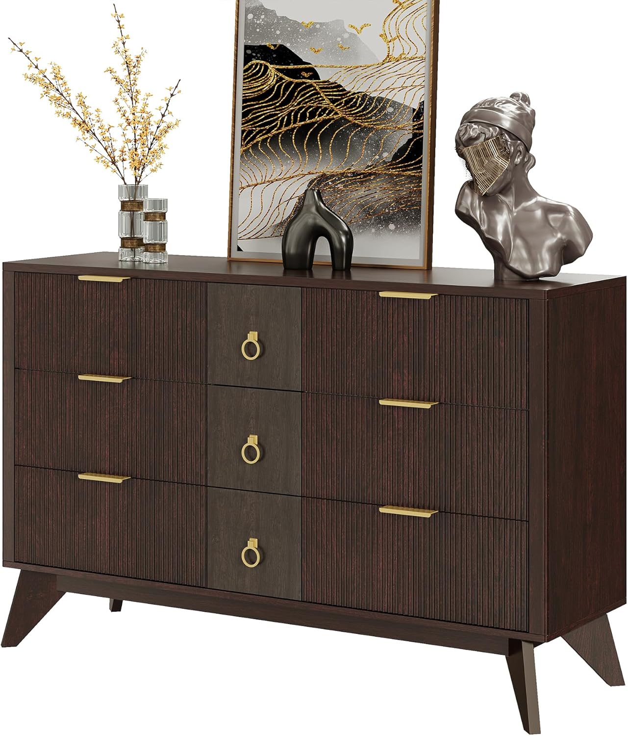 9-Drawer LED Dresser – 55" Wide Fluted Wood Chest with Curved Design, TV Stand & Storage Organizer for Bedroom, Living Room, or Hallway