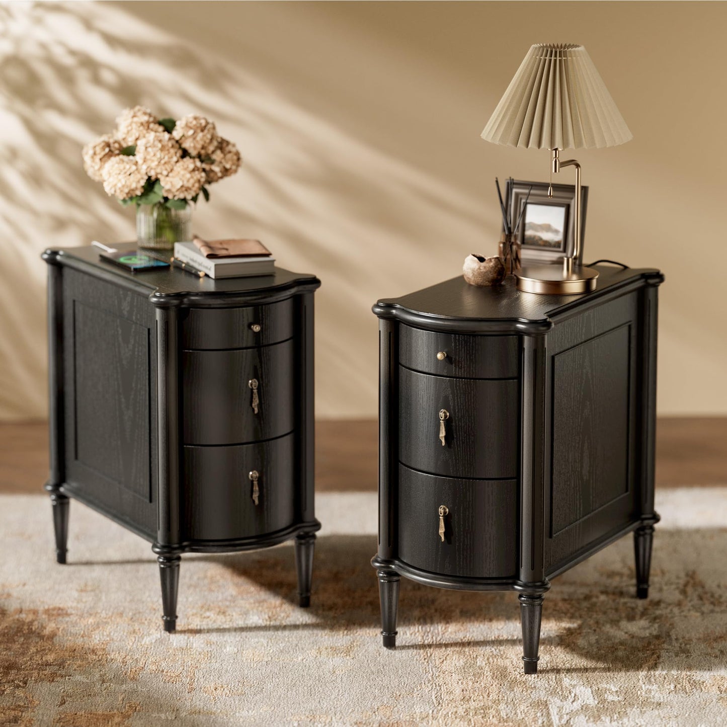 3-Drawer Nightstand Set of 2 with Built-in Charging Station – Vintage-Inspired Side Table, Brown Wood Finish