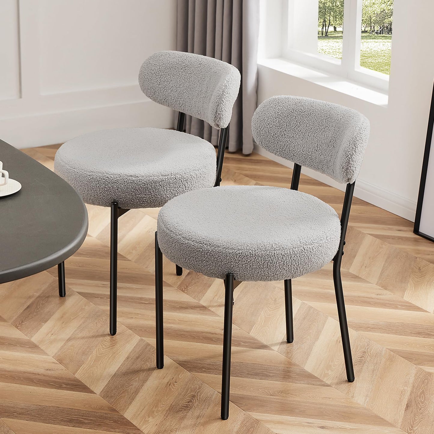 Set of 4 Modern Boucle Upholstered Dining Chairs – Mid-Century Round Kitchen Chairs with Curved Backrest & Metal Legs, Beige