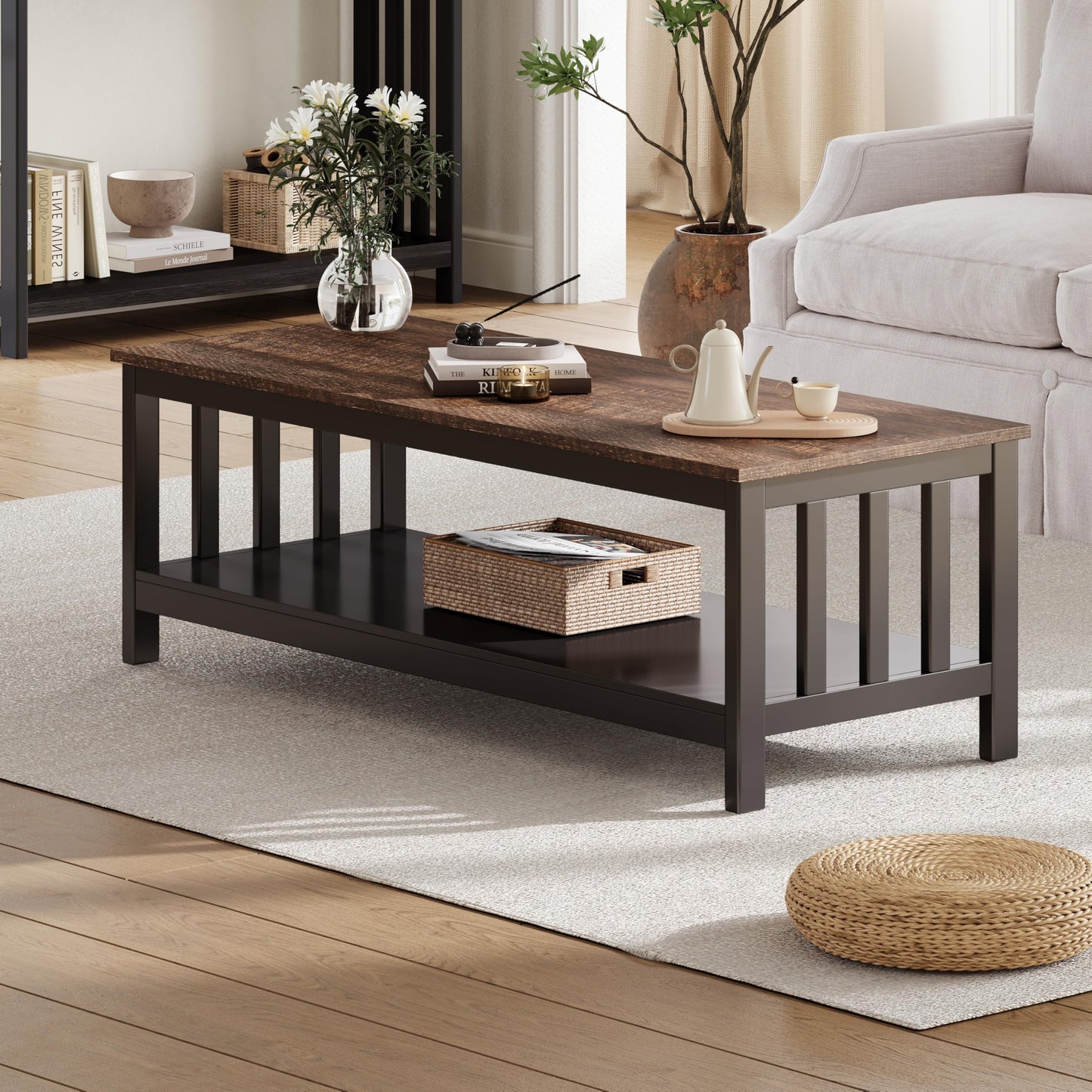 Mission Coffee Table with Shelf – Black Wood, 40-Inch