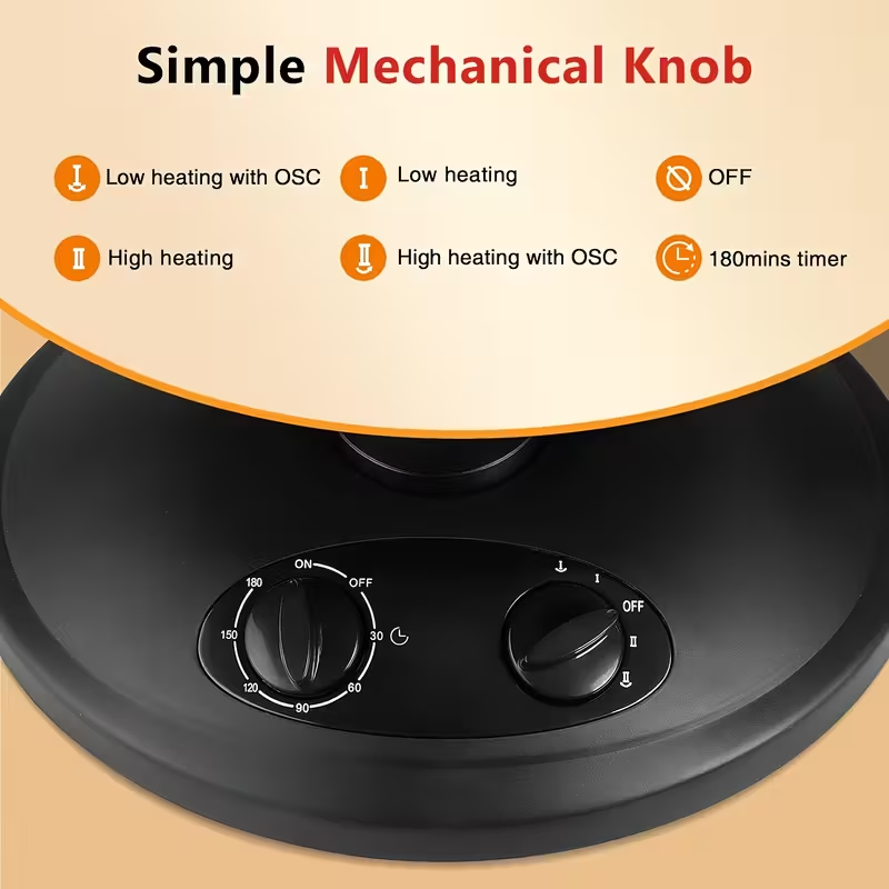 Oscillating Parabolic Radiant Space Heater with Thermostat and Timer, 120V Indoor Dish Heater with Tip-Over and Overheat Protection for Safe and Efficient Room Heating