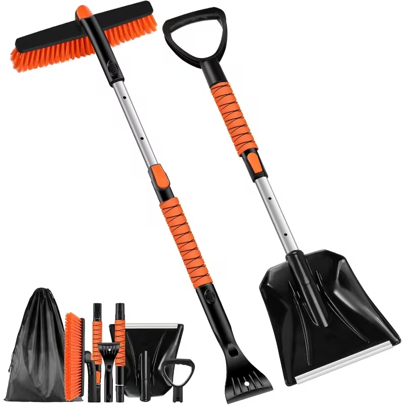 35" Extendable Ice Scraper with Snow Brush and Snow Shovel, 360° Pivoting Brush Head, Foam Grip Handle, Heavy-Duty Snow Remover for Car Windshields, SUVs, Trucks, and Vehicles