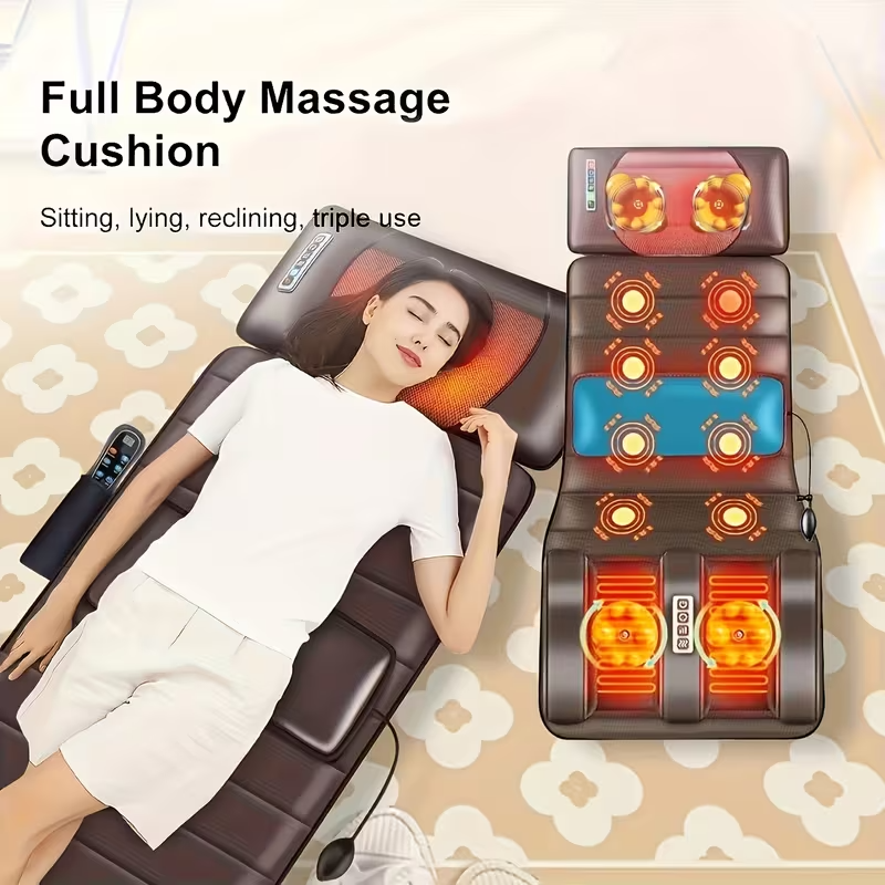 Large Full Body Heating Massager with Neck and Foot Support – PU Material, Massage Headrest, Lumbar Pillow, Timer Function, Non-Slip Bottom, Easy Storage, Suitable for Home and Office Napping, 110–240V, Brown