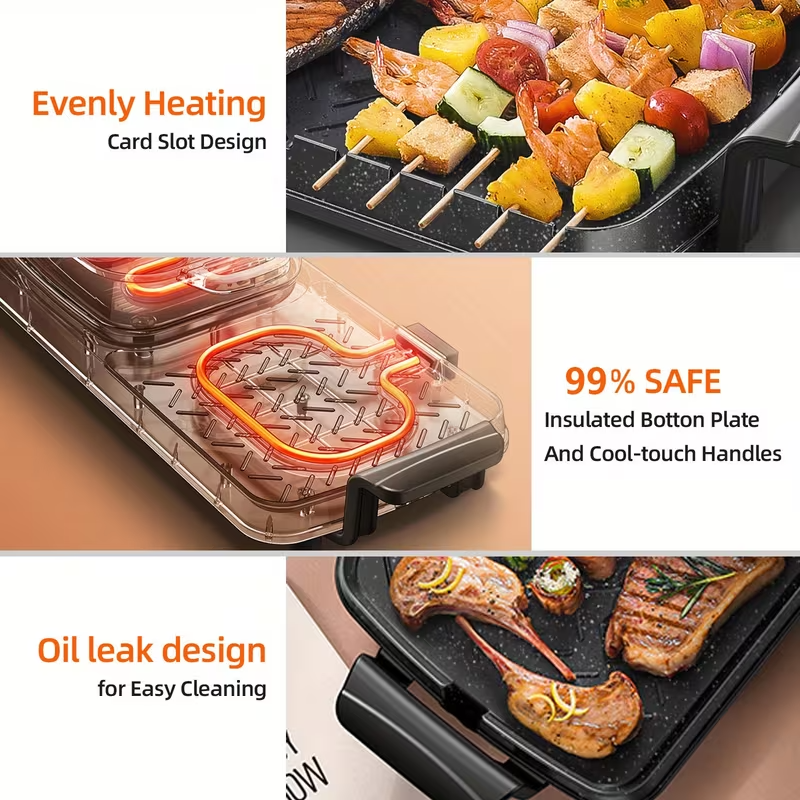 All-in-One Electric Hot Pot & Grill Combo – Large-Capacity Smokeless Cooker with Non-Stick Surface, Even Heating for Frying, Boiling, Grilling & Roasting – Ideal for Family Meals, Parties, Steak, Seafood & Kebabs