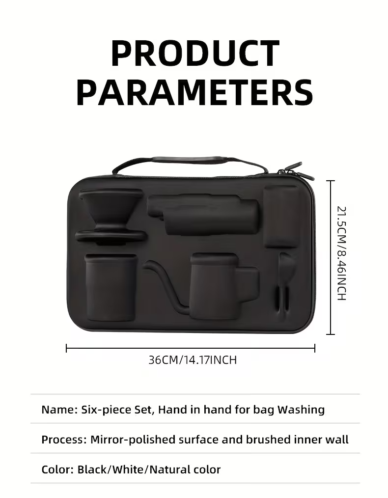 6-Piece Portable Manual Coffee Maker Set with Stainless Steel Cone Grinder, Foldable 304 Stainless Steel Filter, Coffee Pitcher & Handmade Brewing Tools – Electricity-Free Travel Coffee Kit