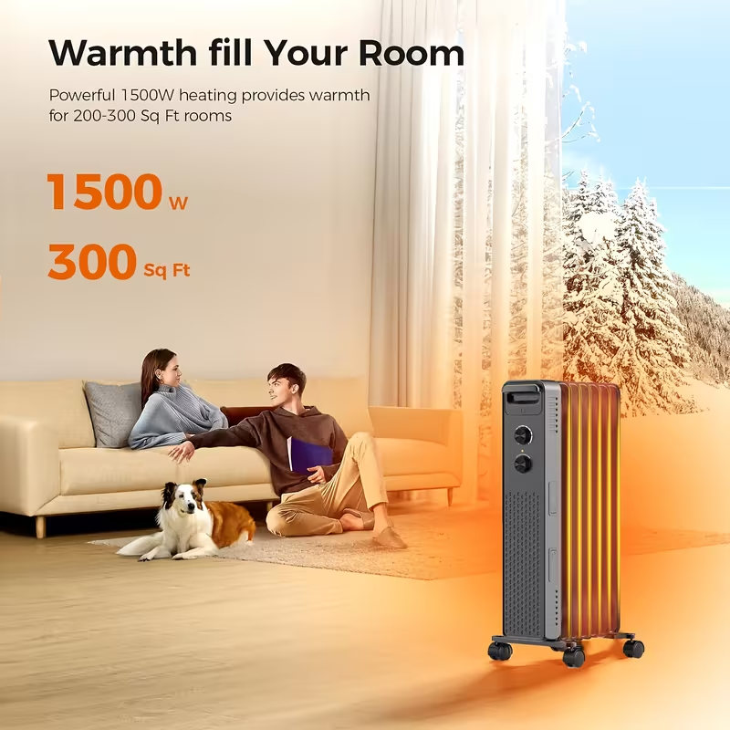 Portable Electric Oil-Filled Radiator Heater – 1500W/900W/600W with 3 Heat Settings, Adjustable Thermostat, Overheat & Tip-Over Protection, Quiet Indoor Space Heater for Home and Office