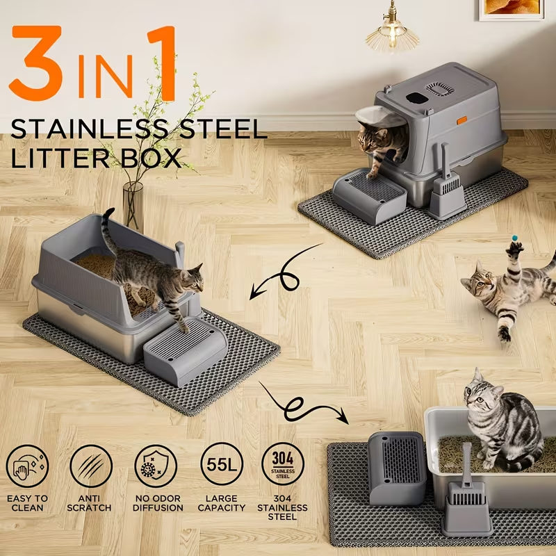 Extra Large Stainless Steel Cat Litter Box – Fully Enclosed Design with Foldable Anti-Splash Lid, Front Flap Door, and Odor-Sealing Deodorization System – Spacious, Durable, Easy-Clean Litter Box for Indoor Cats