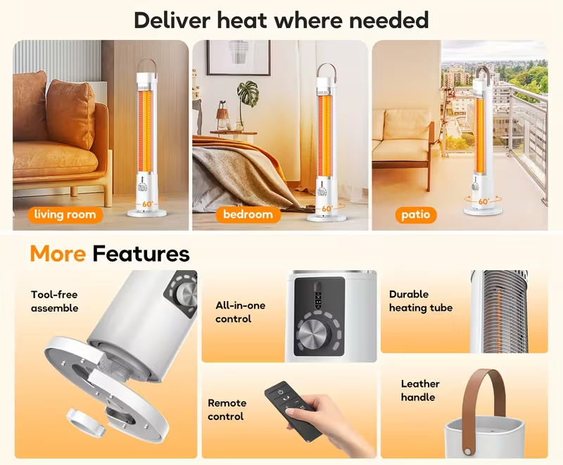 1500W Portable Infrared Heater for Indoor and Outdoor Use, Tower Space Heater with Overheat and Tip-Over Protection, Remote Control, 60° Oscillation, 12-Hour Timer, Quiet Operation, Energy-Efficient Heating for Large Rooms, Patios, Offices, and Nurseries