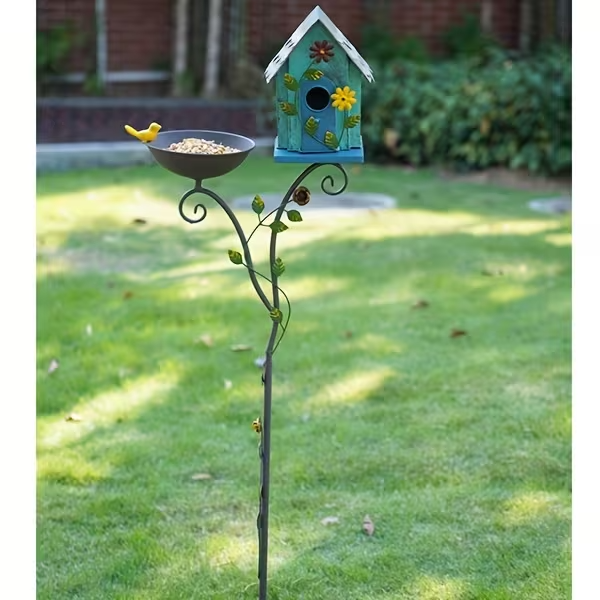 52" Metal Bird Bath with Pole and Birdhouse, Tiered Outdoor Garden Decoration with Seed Tray, Rustic Blue Floral Design, Durable Metal Stake-Mounted Bird Bath for Yard, Lawn, and Patio