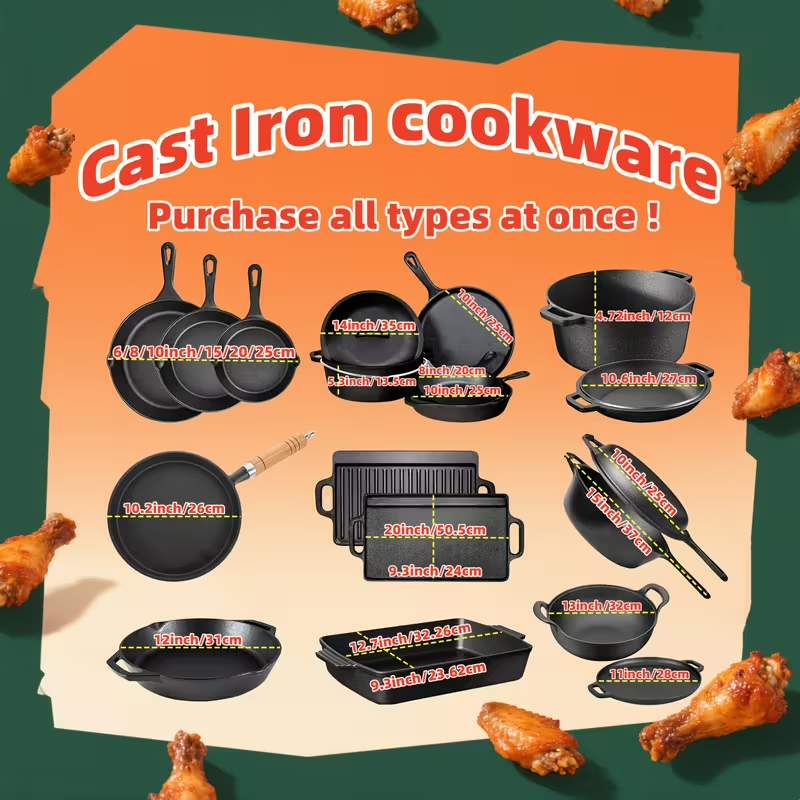 6"/8"/10" Cast Iron Frying Pans with Dutch Oven and Two Grills – Durable Non-Stick Cookware Set for Home Kitchen, Camping, Stove, Induction, and Open Fire