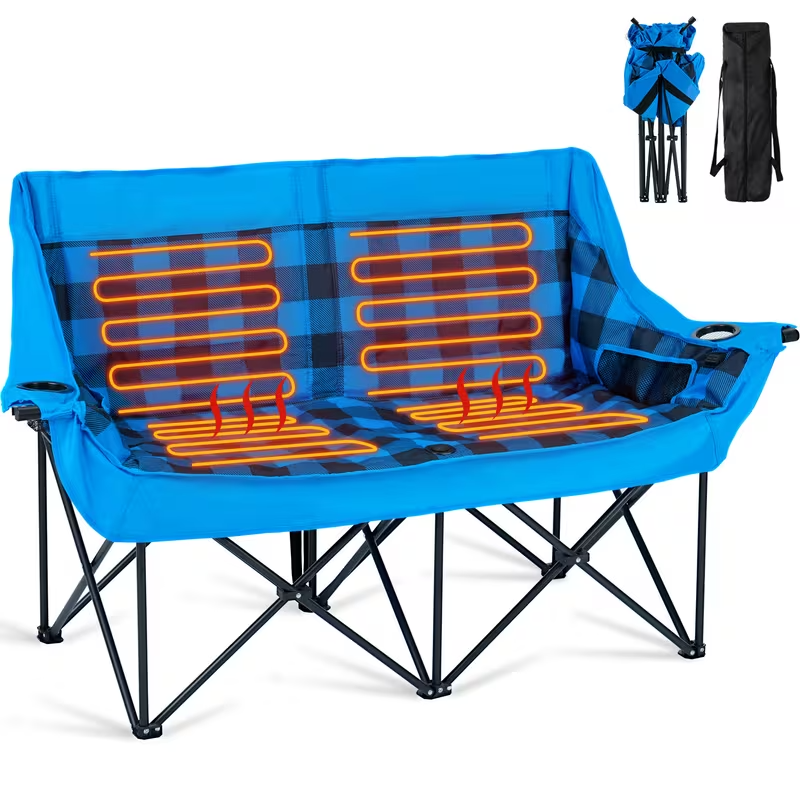 Oversized Heated Double Camping Chair – Foldable 2-Person Padded Loveseat with Dual Heating Zones, Heavy-Duty Frame, Carry Bag Included (Battery Not Included), Outdoor-Only Use