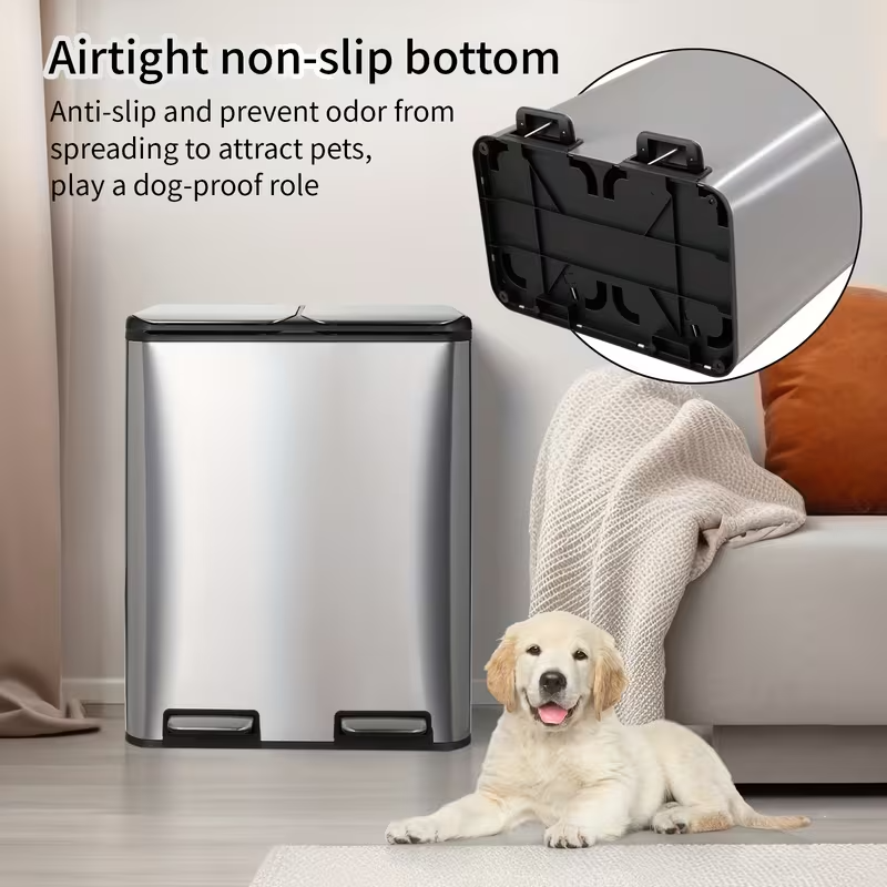 16-Gallon Dual Compartment Stainless Steel Kitchen Trash Can – Hands-Free Foot Pedal, Soft-Close Lid, Odor-Control Boxes, Airtight Design, Removable Buckets & Side Handles for Home or Office