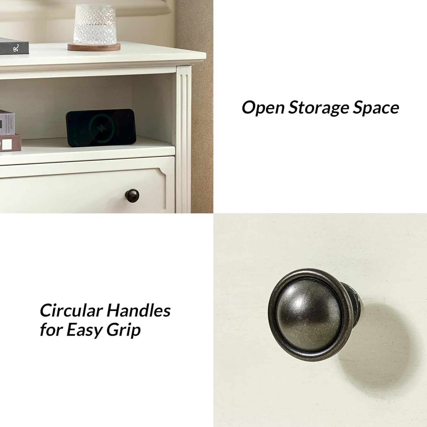 Farmhouse Nightstand Set of 2 with Charging Station – 2-Drawer Bedside Tables with Open Shelf, White Finish