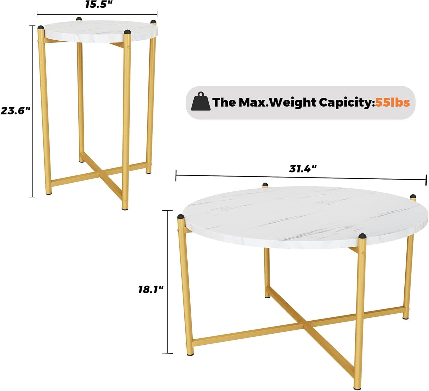 3-Piece Round Coffee Table Set with Faux Marble Top & Gold Metal Base – 1 Coffee Table + 2 Side Tables, Modern Living Room Accent Set, White & Gold