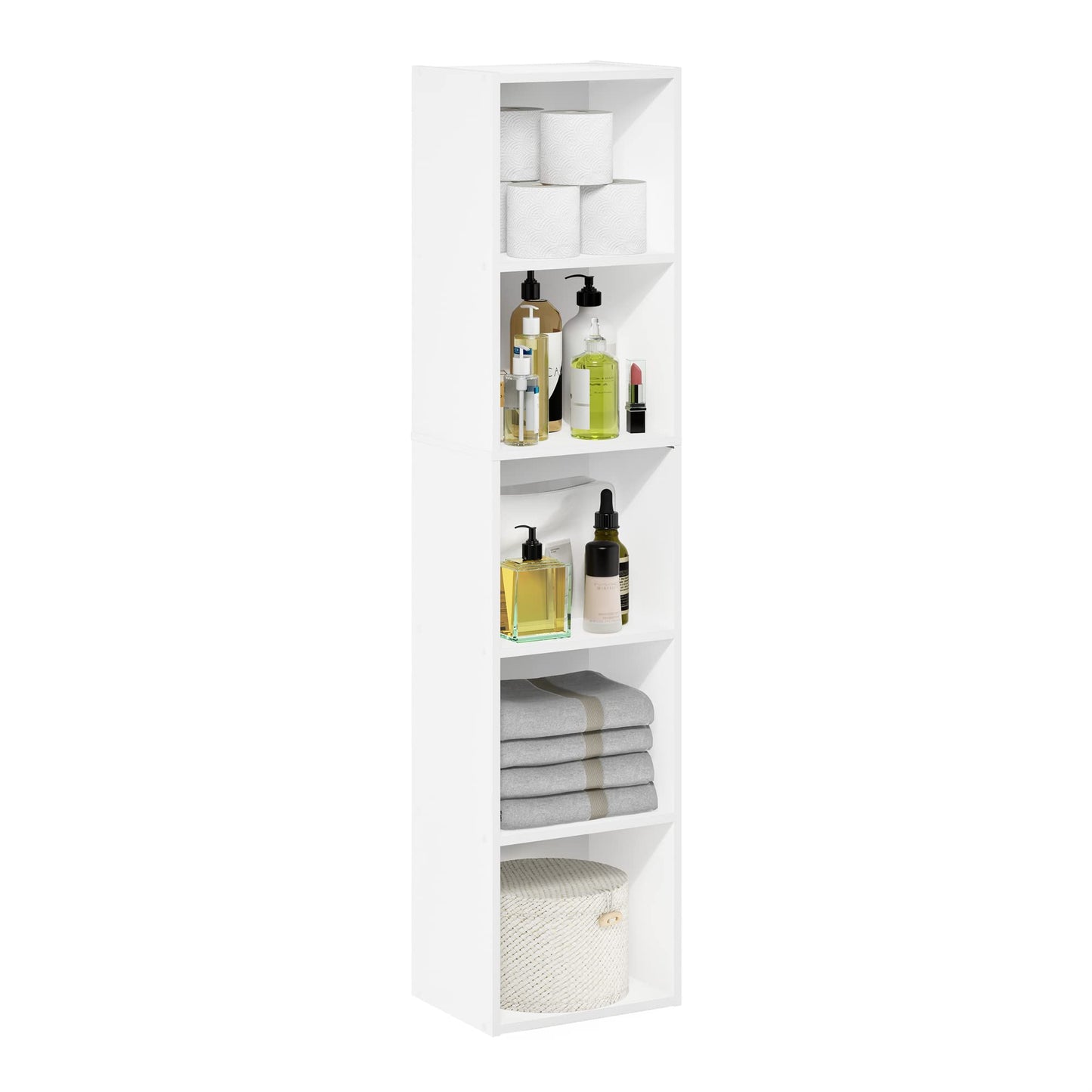 5-Cube Bookshelf, Reversible Bookcase – White Finish Dimensions: 9.4" D x 19.5" W x 31.5" H
