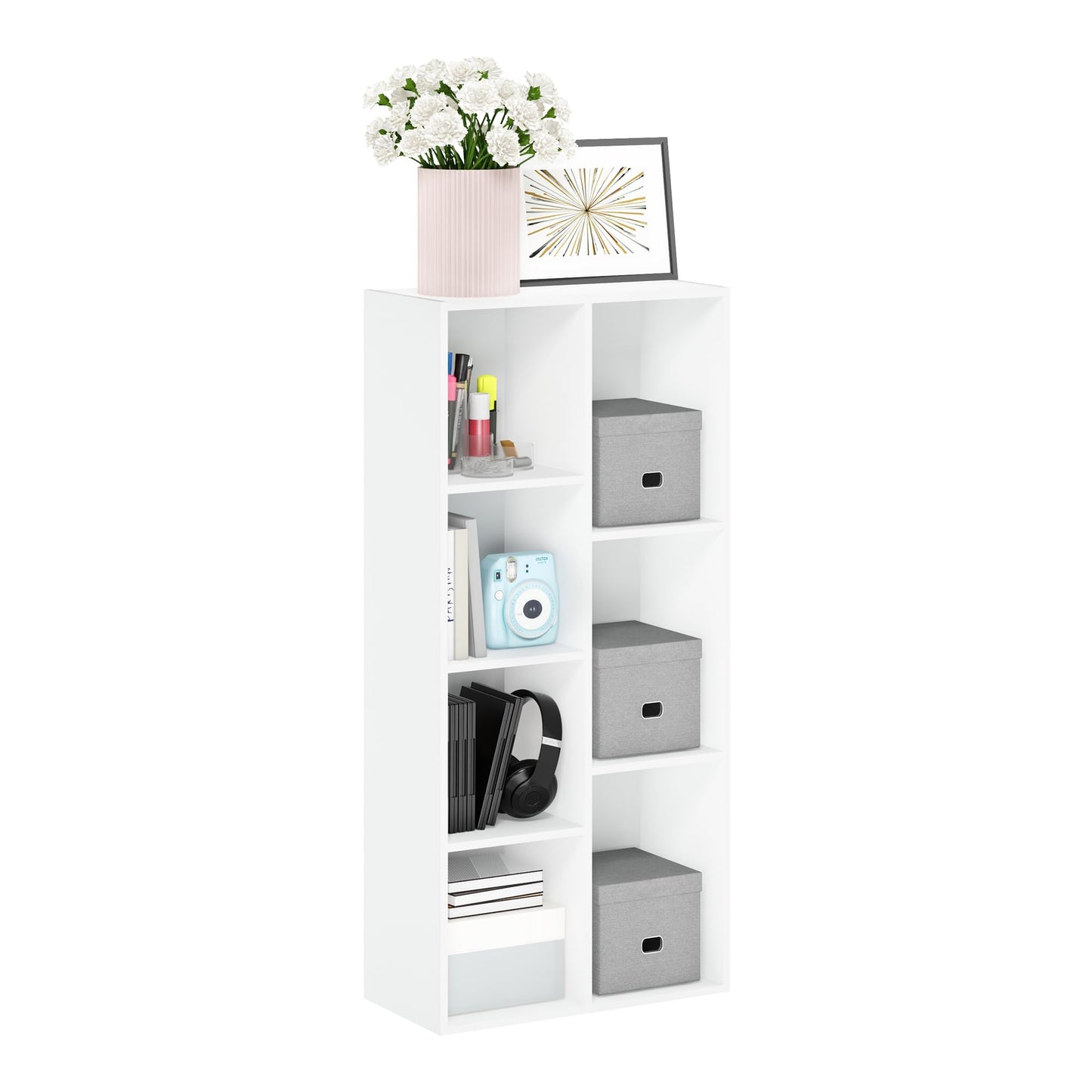 5-Cube Bookshelf, Reversible Bookcase – White Finish Dimensions: 9.4" D x 19.5" W x 31.5" H