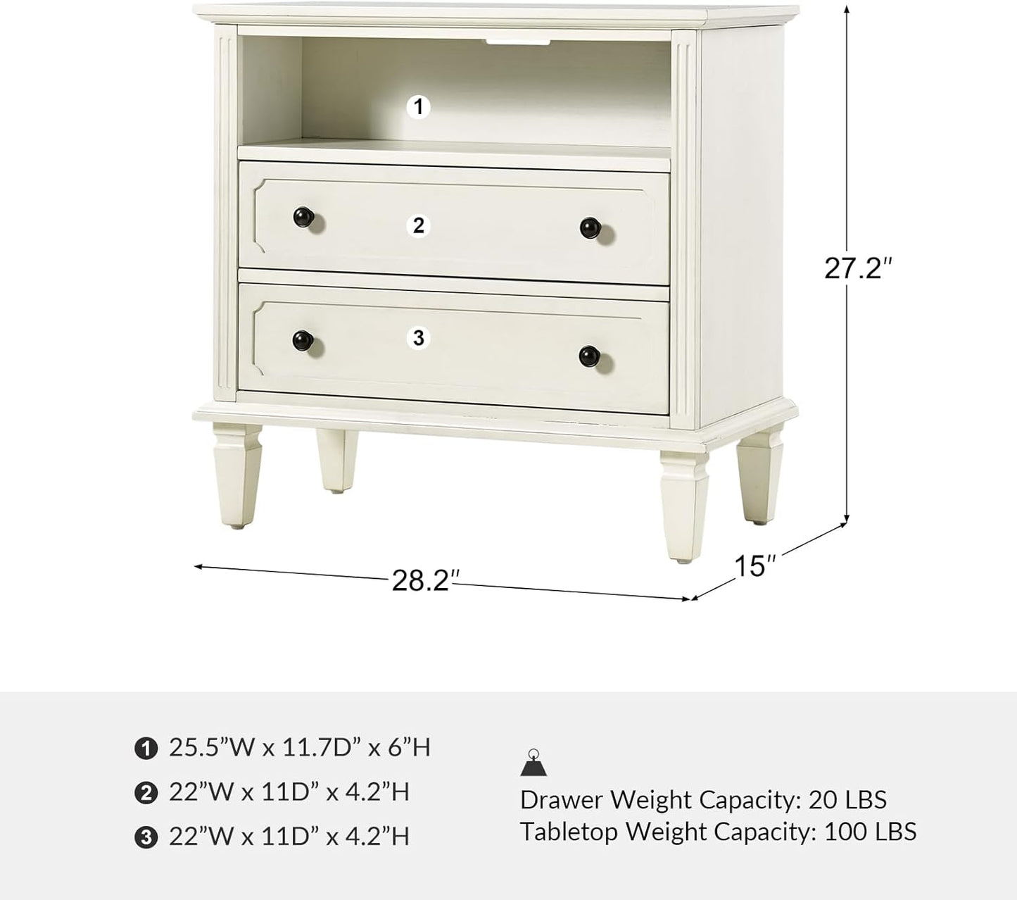 Farmhouse Nightstand Set of 2 with Charging Station – 2-Drawer Bedside Tables with Open Shelf, White Finish