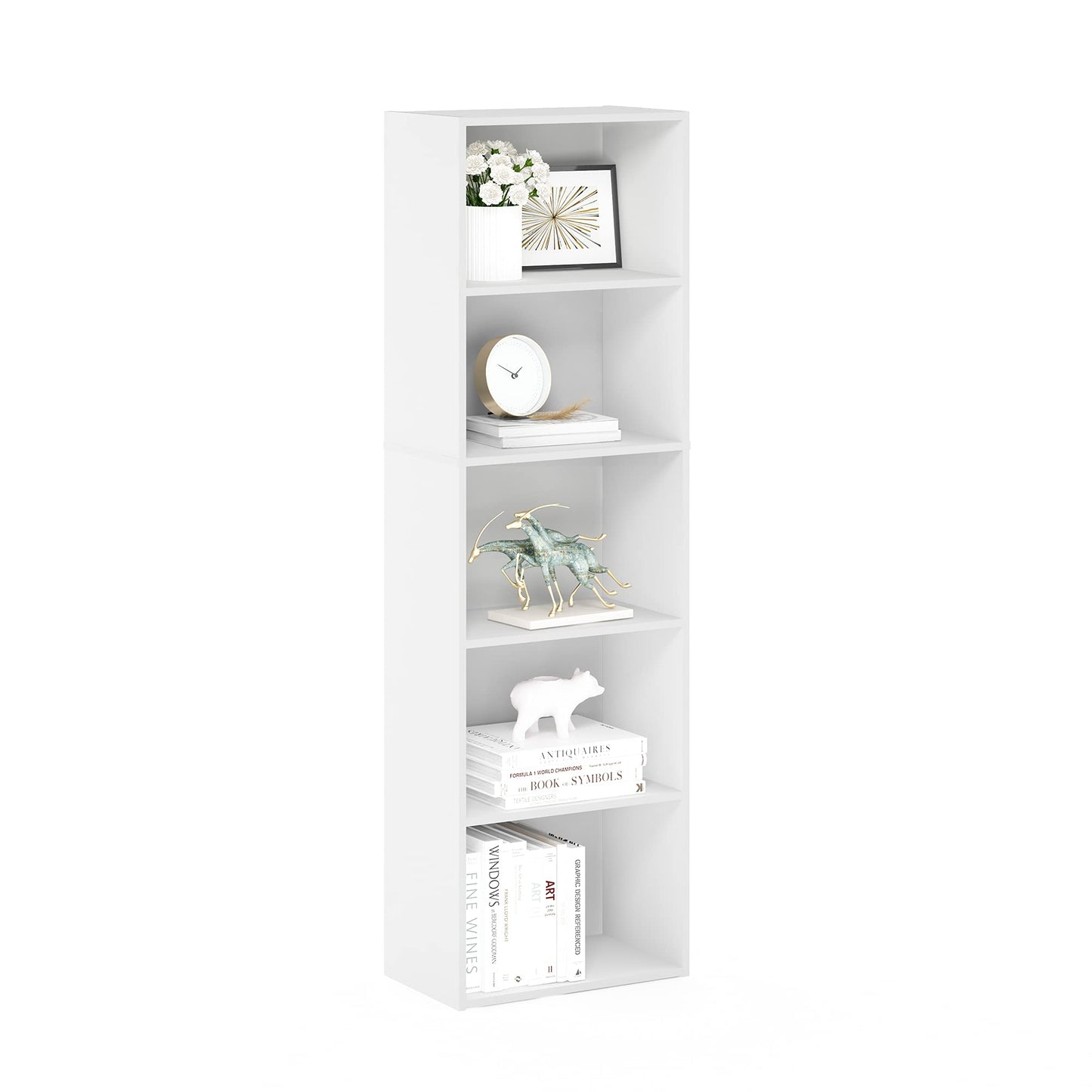 5-Cube Bookshelf, Reversible Bookcase – White Finish Dimensions: 9.4" D x 19.5" W x 31.5" H