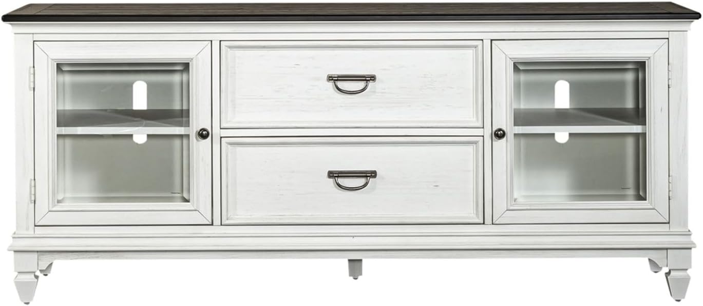 72-Inch Rustic White TV Stand with Charcoal Tops – Entertainment Center with Beveled Glass Doors, Adjustable Shelving & Wire Management