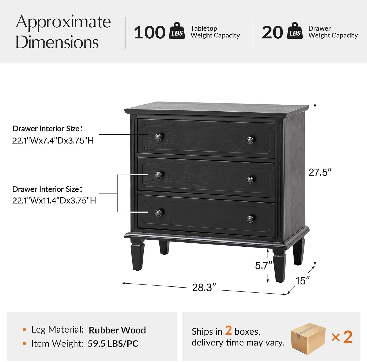 3-Drawer Nightstand Set of 2 with Charging Station – Mid-Century Modern Bedside Tables, Black Finish