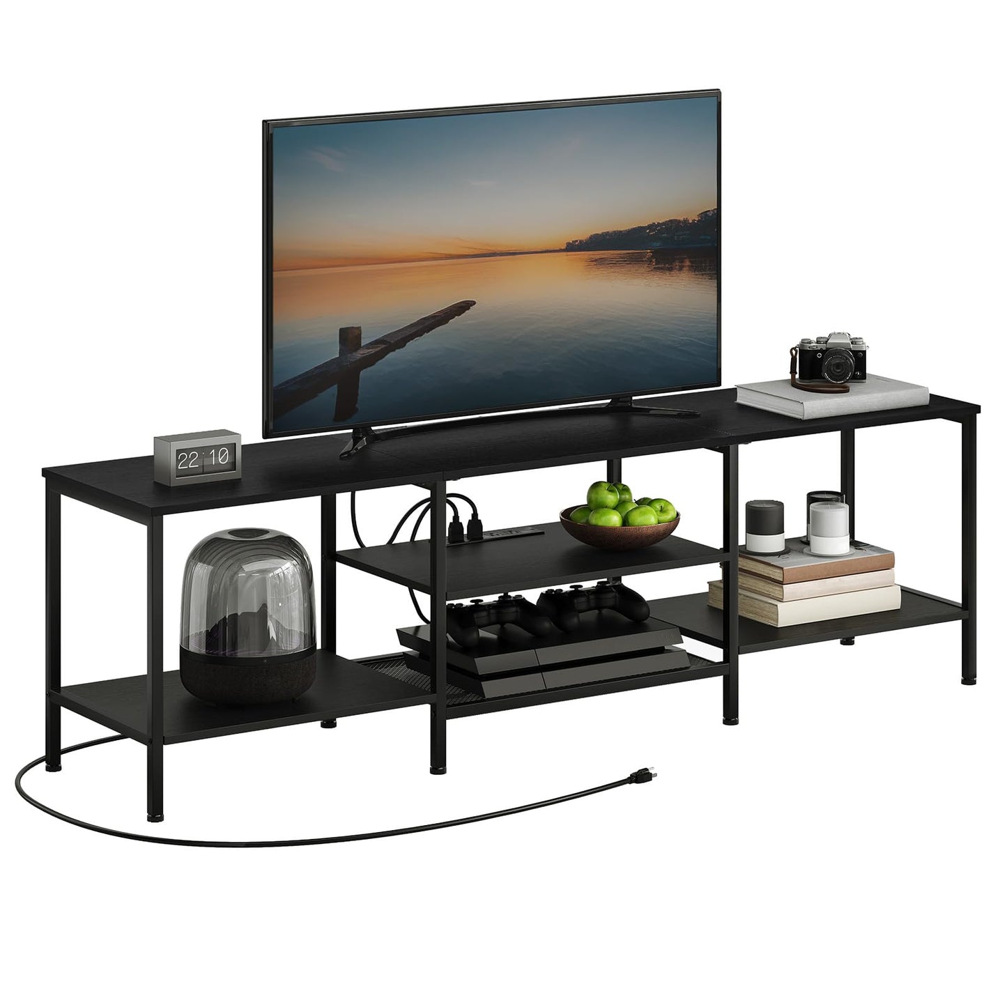 Industrial TV Console for TVs up to 65 Inches – Media Storage Table with Power Outlets & Open Shelves, Rustic Brown and Black