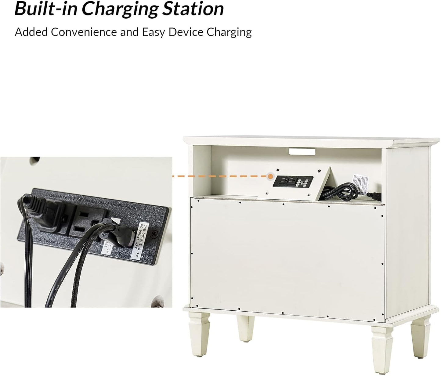 Farmhouse Nightstand Set of 2 with Charging Station – 2-Drawer Bedside Tables with Open Shelf, White Finish