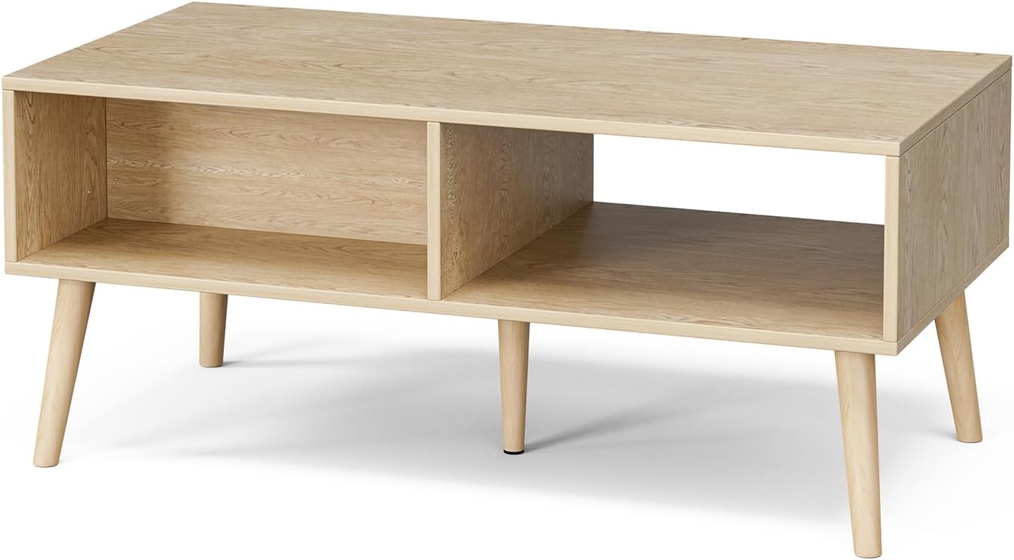 Boho Coffee Table with Rattan Drawer and Solid Wood Legs – Oak Finish