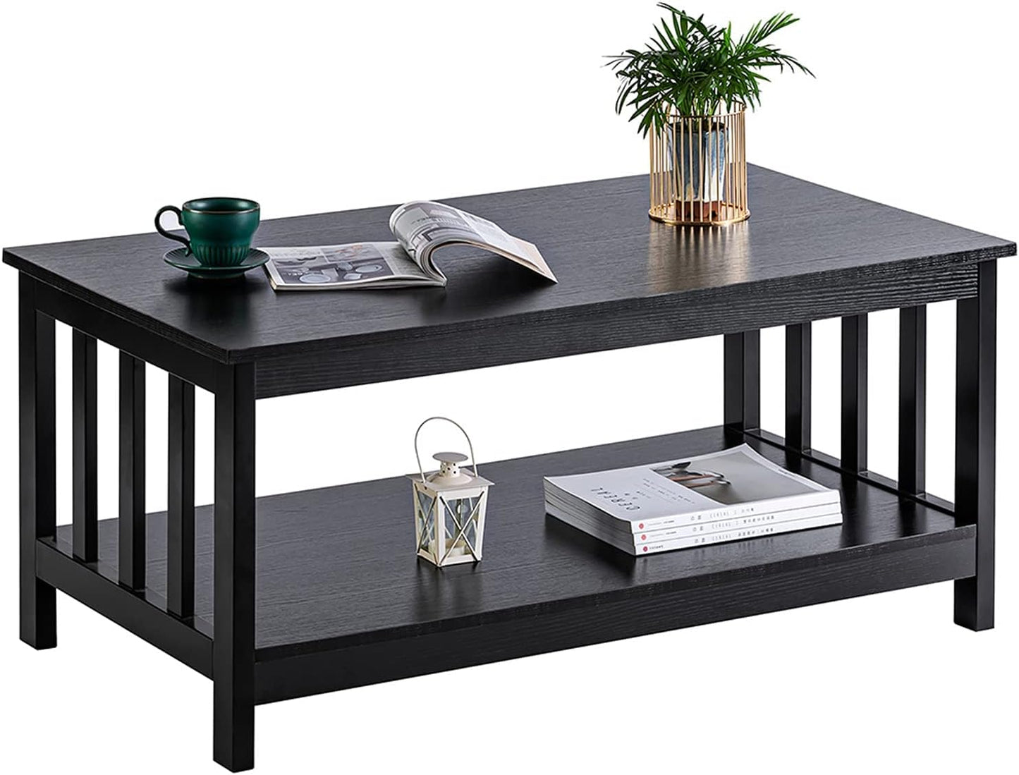 Mission Coffee Table with Shelf – Black Wood, 40-Inch