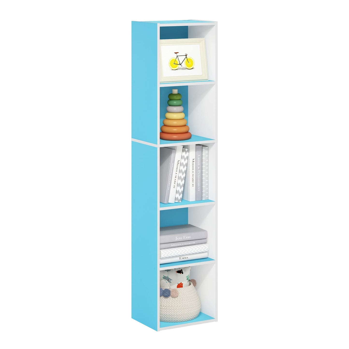 5-Cube Bookshelf, Reversible Bookcase – White Finish Dimensions: 9.4" D x 19.5" W x 31.5" H