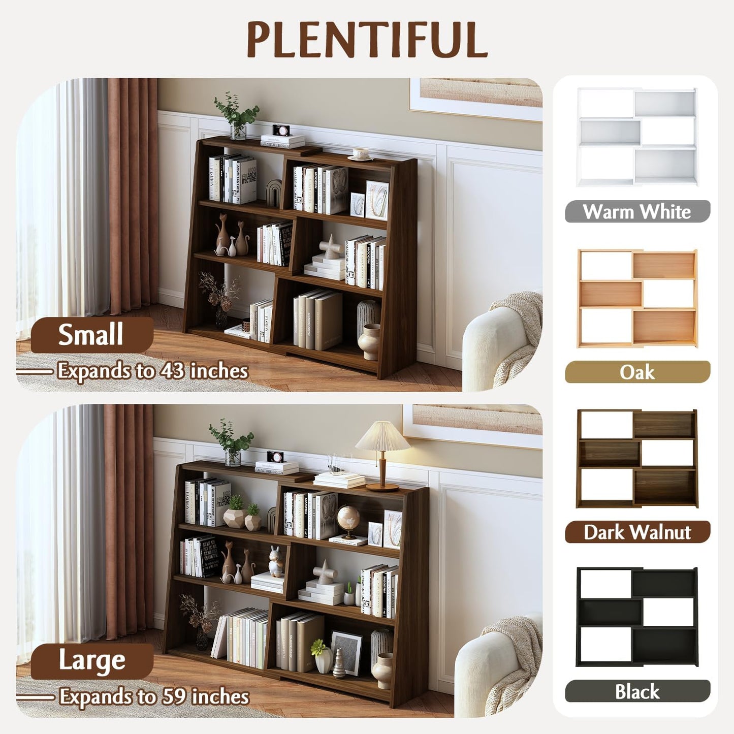 Wooden Extendable Shelf Bookcase – 3-Tier Ladder Low Bookshelf for Small Spaces or Corners, Dark Walnut, Small