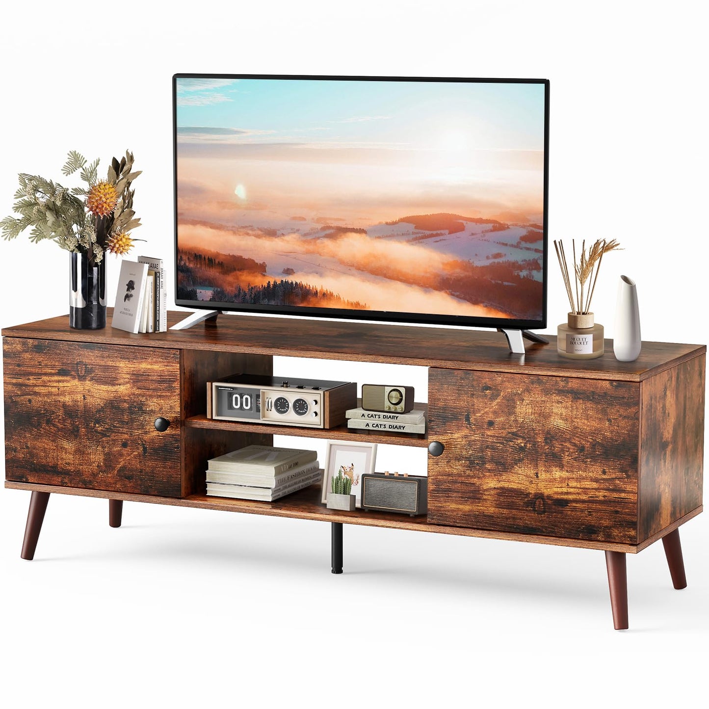 Modern Mid-Century TV Stand for 55–60 Inch TVs – Entertainment Center with Storage Cabinets and Adjustable Shelves, Pure Black