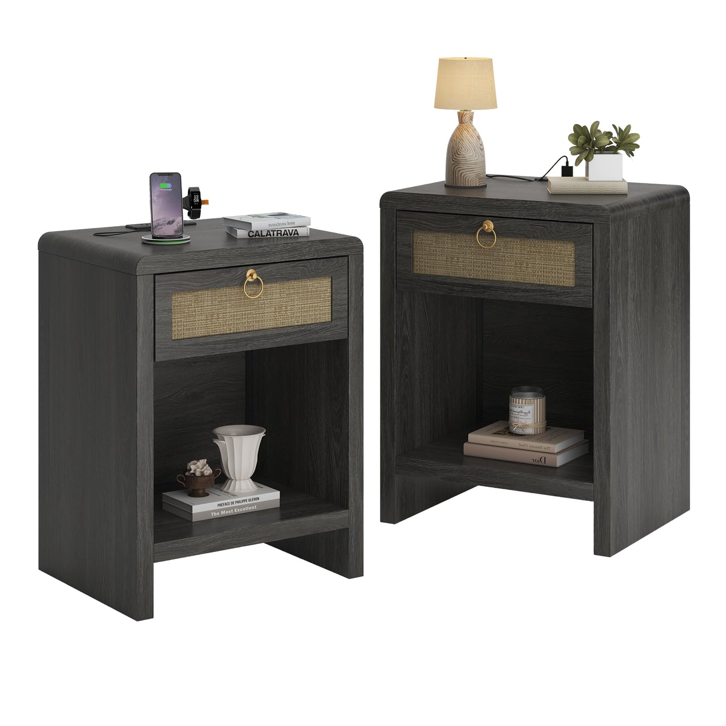 Rattan Nightstand Set of 2 with Charging Station – Boho Bedside Tables with Drawer & Storage Shelf, Natural Oak