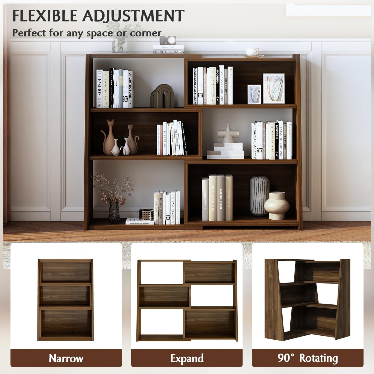 Wooden Extendable Shelf Bookcase – 3-Tier Ladder Low Bookshelf for Small Spaces or Corners, Dark Walnut, Small