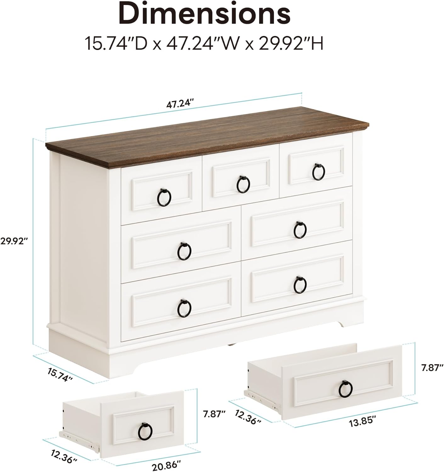 Farmhouse 7-Drawer Dresser – Rustic White Wood Chest for Bedroom, Hallway, or Entryway
