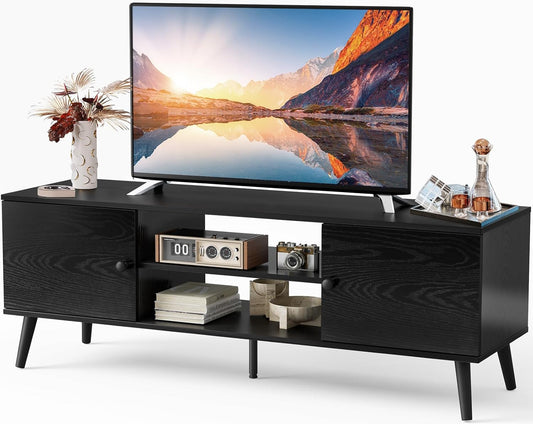 Modern Mid-Century TV Stand for 55–60 Inch TVs – Entertainment Center with Storage Cabinets and Adjustable Shelves, Pure Black