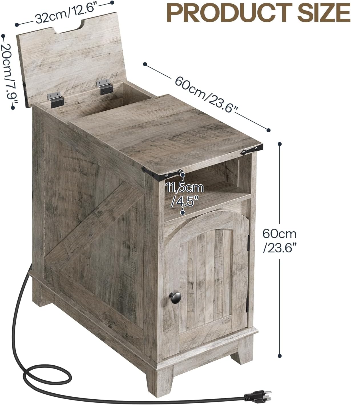 Narrow Farmhouse End Table with Charging Station – Slim Side Table / Small Nightstand for Living Room & Small Spaces, Flip-Top Storage, Greige
