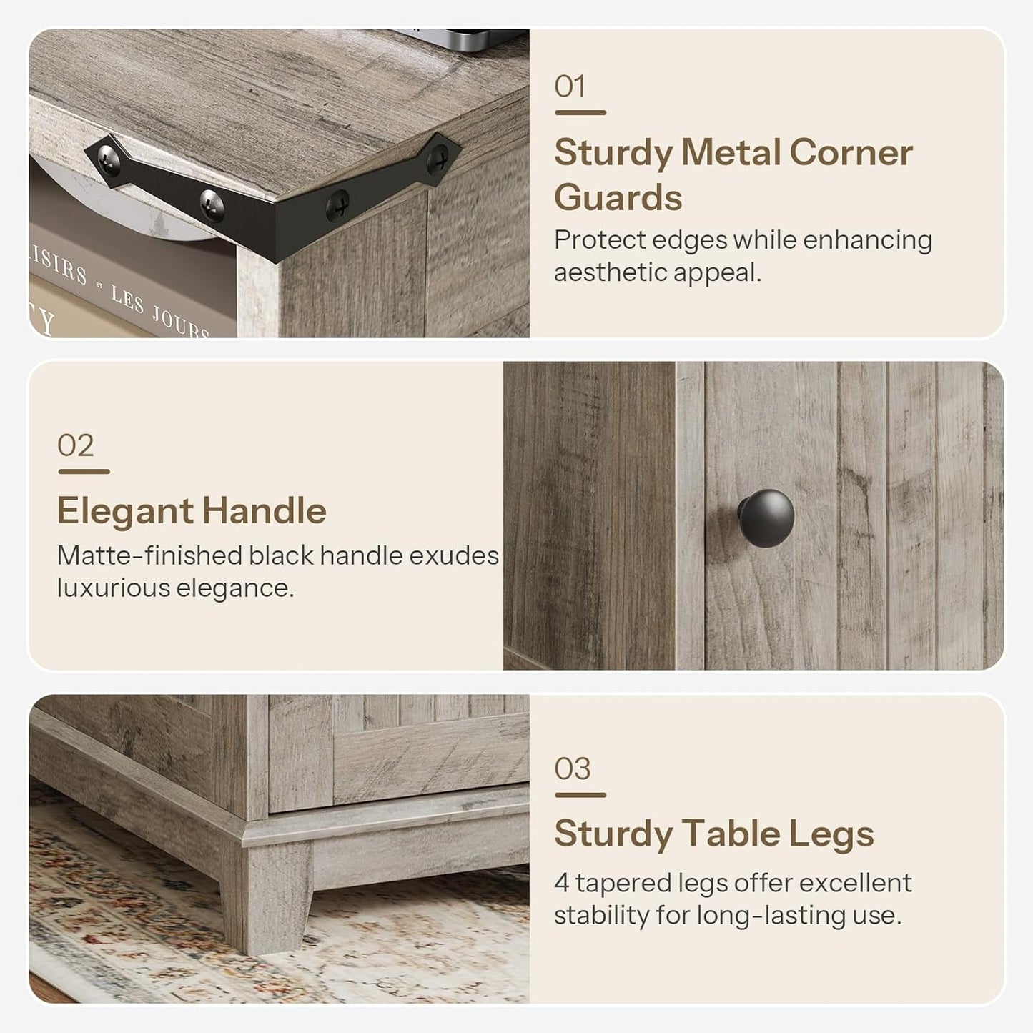 Narrow Farmhouse End Table with Charging Station – Slim Side Table / Small Nightstand for Living Room & Small Spaces, Flip-Top Storage, Greige