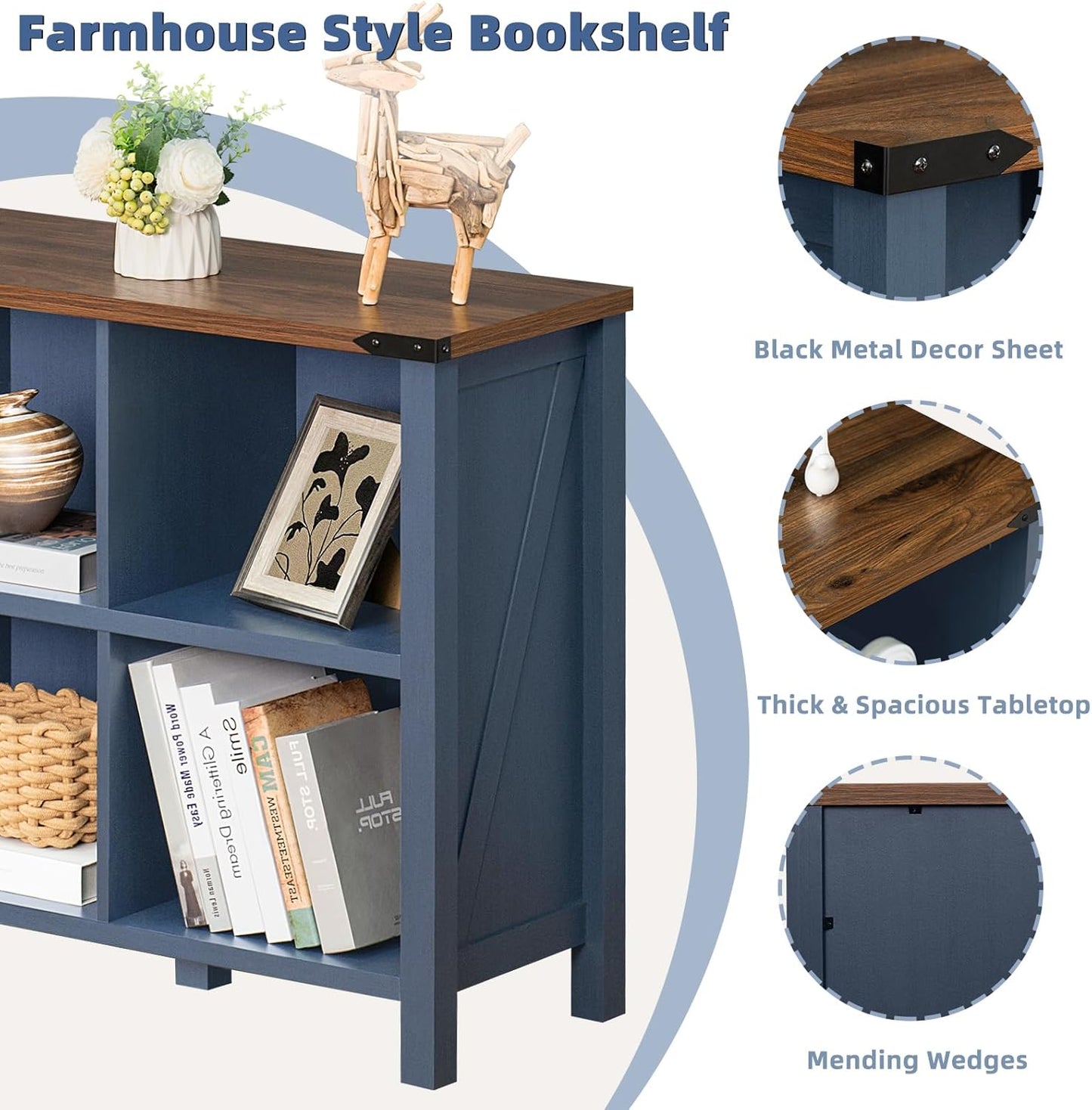 6-Cube Farmhouse Wood Low Storage Organizer – 47" Horizontal Navy Console Bookshelf with Legs