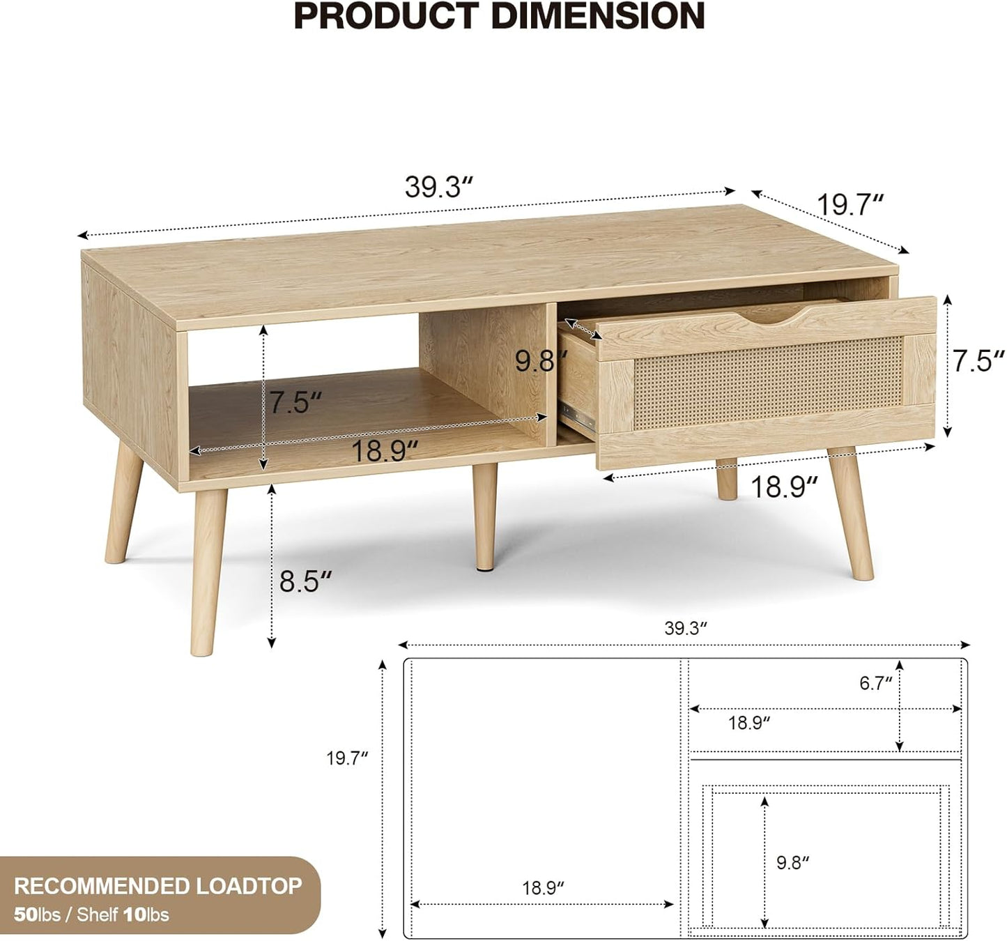 Boho Coffee Table with Rattan Drawer and Solid Wood Legs – Oak Finish