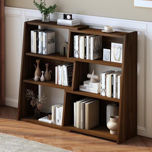 Wooden Extendable Shelf Bookcase – 3-Tier Ladder Low Bookshelf for Small Spaces or Corners, Dark Walnut, Small
