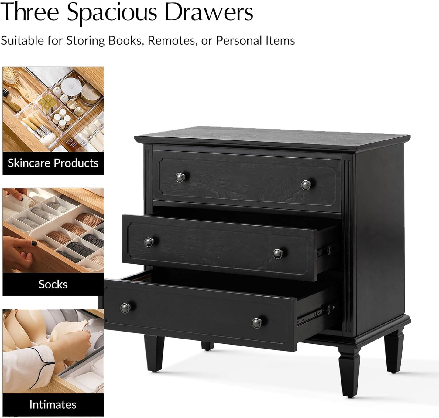 3-Drawer Nightstand Set of 2 with Charging Station – Mid-Century Modern Bedside Tables, Black Finish