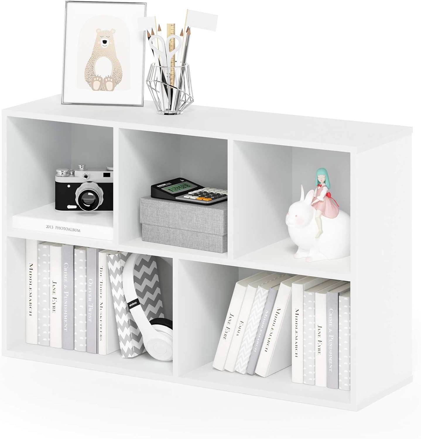 5-Cube Bookshelf, Reversible Bookcase – White Finish Dimensions: 9.4" D x 19.5" W x 31.5" H