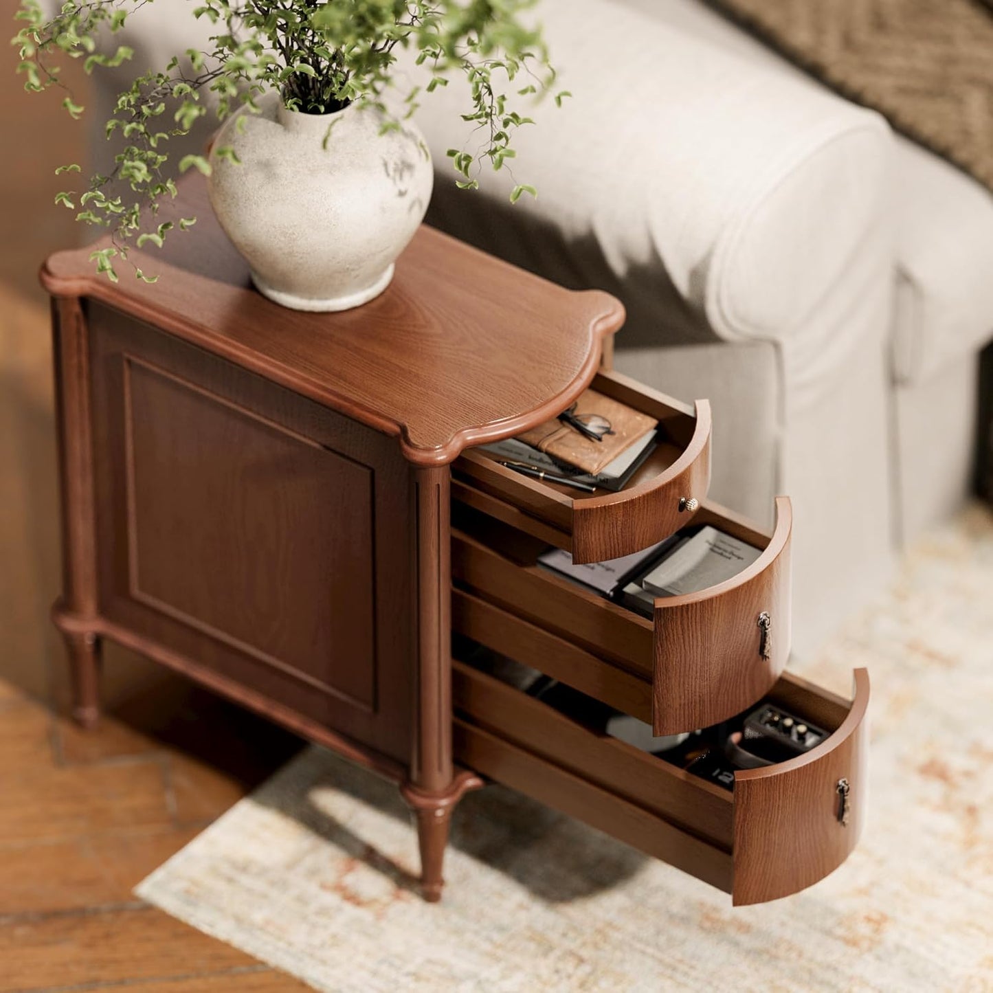 3-Drawer Nightstand Set of 2 with Built-in Charging Station – Vintage-Inspired Side Table, Brown Wood Finish
