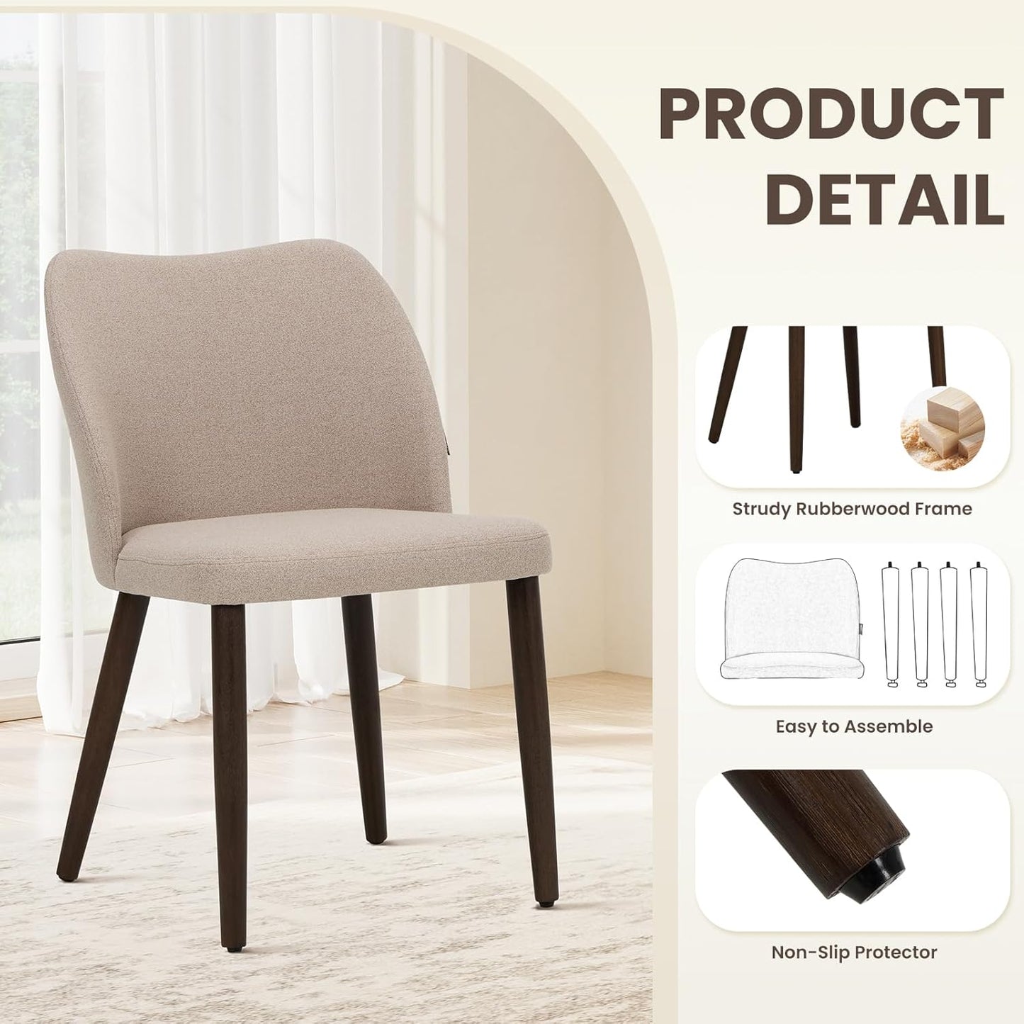 Set of 4 Modern Upholstered Wooden Dining Chairs – Fabric Farmhouse Kitchen & Dining Chairs, Camel