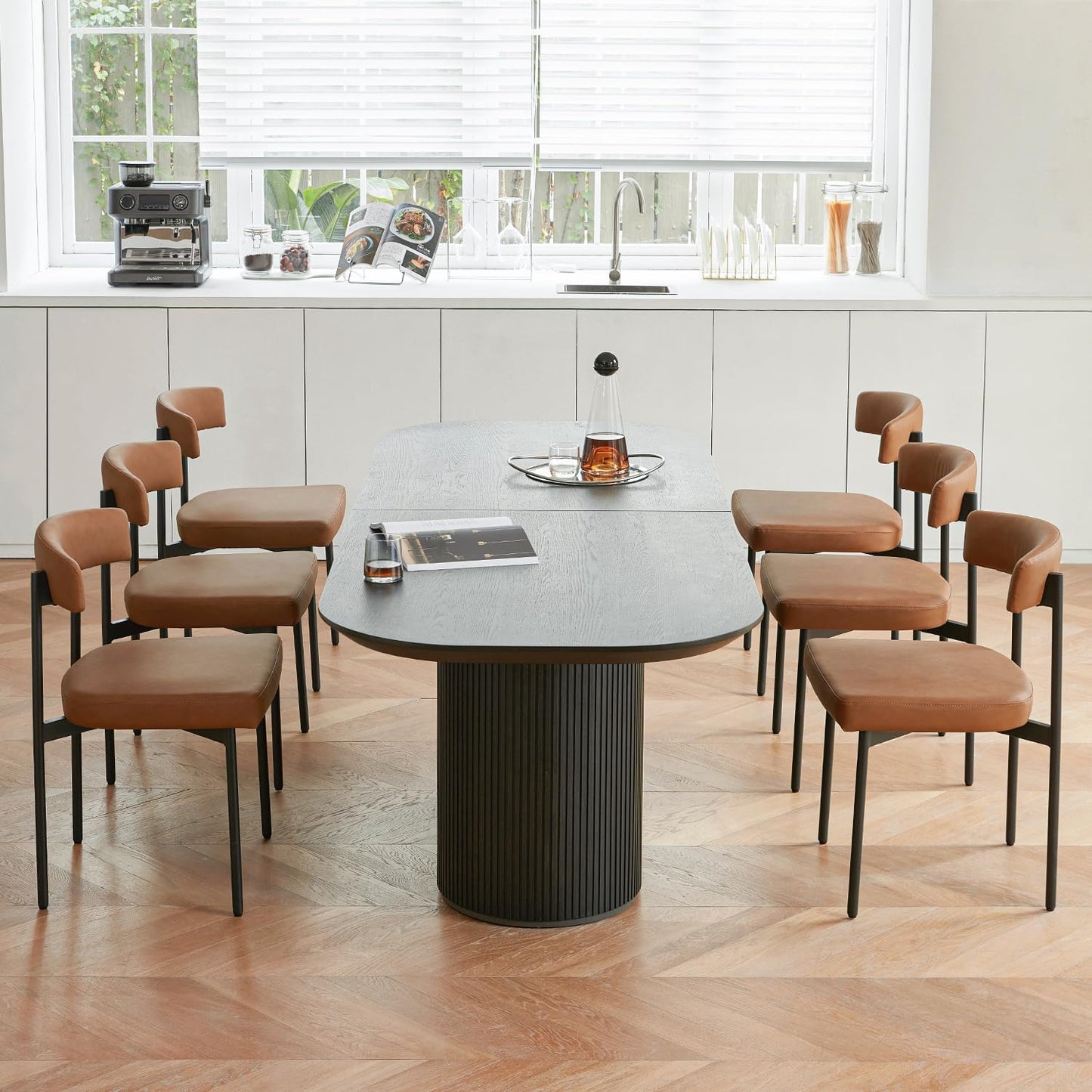 Set of 4 Brown Faux Leather Dining Chairs – Armless Upholstered Kitchen & Dining Chairs with Curved Backrest